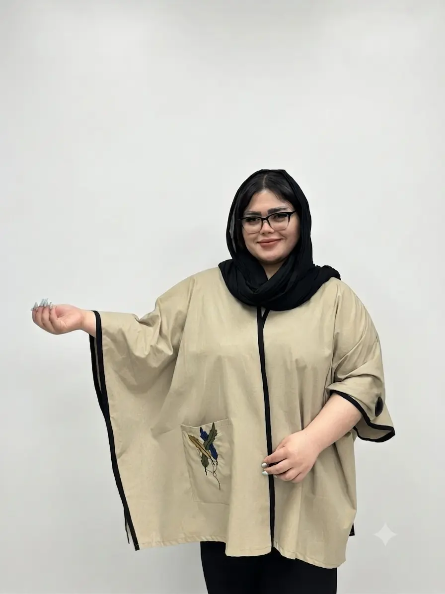 مانتو پانچی سایز بزرگ زنانه لینن جیب گلدوزی برند بیگ سایز
